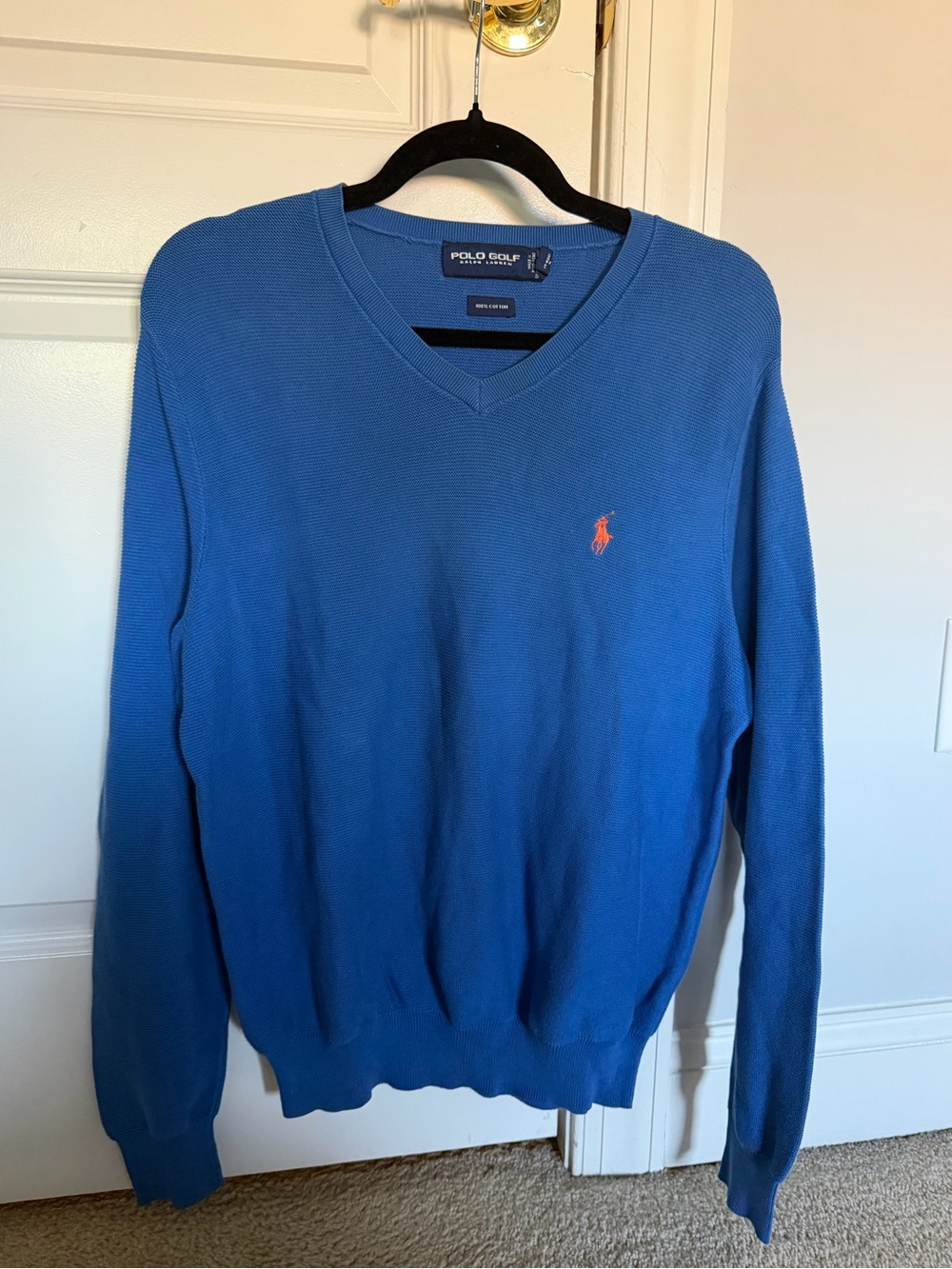 Polo by Ralph Lauren Men’s Blue V-Neck Sweater with Orange Pony